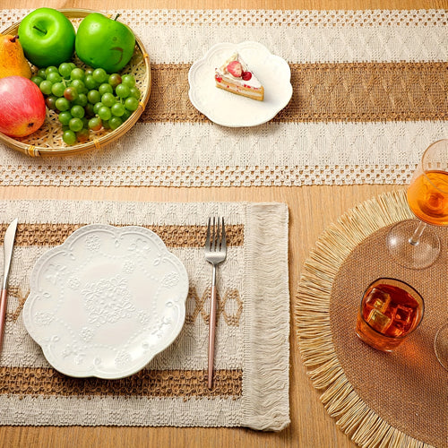 13pcs Boho Farmhouse Placemats and Table Runner Set - Table with 6 Sets of Mats (11.8 x 78.7 Inch Runner) Fiber Dining Table Decor, Rustic Bohemian Style, Durable & Easy-Care