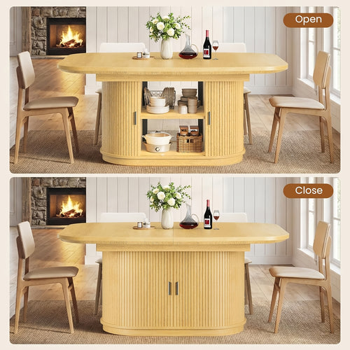 47''-63'' Extendable Dining Table Suitable for 4-8 People, Expandable Modern Fluted Kitchen Table with 2-Tier Storage Shelf, Space-Saving Folding Table for Small Apartments, Folding Mechanism & Natural Wood, Assembly Required