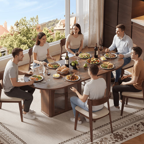 71-inch Modern Oval Dining Table Suitable for 6-8 People with Walnut Base & Curved Transitions - Space-Saving Kitchen Table with Under-Shelf Storage, Breakfast Nook Table for Home Office, Assembly Required